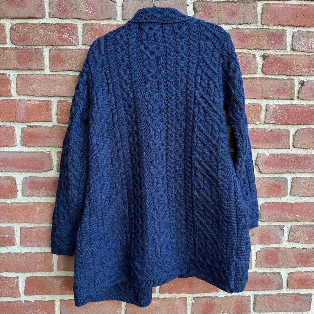 Aran Crafts Women's Cable Knit Merino Wool Cardigan Sweater Navy Medium NWOT